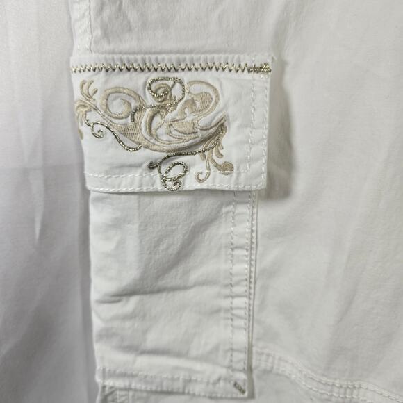 Cache White and Gold Embroidered Capri Roll-tab Cargo Pants Size 6 - Picture 6 of 9